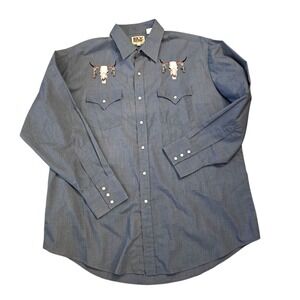 ELY CATTLEMAN Mens Long Sleeve Western Shirt Bull Skull Embroidery Pearl Snap XL